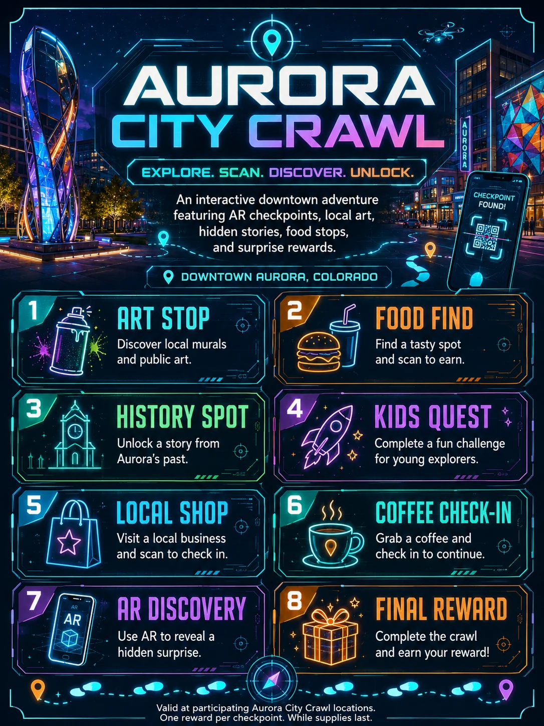 Futuristic Aurora City Crawl example with AR checkpoints